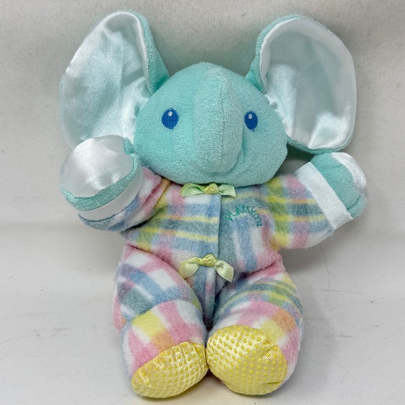 Playskool Plush Blue Elephant Multi Plaid Fleece Pajamas Baby Toy 1996